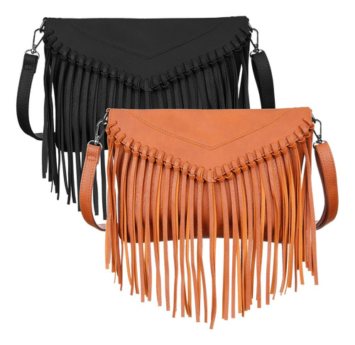 2 Piezas Mujer Pu Cuero Flecos Monedero Boho Bandolera Borla