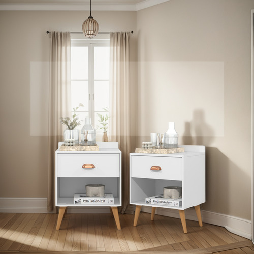 Mesa Criado 2 Bide Perola Conjunto Casal C/ Cabeceira Suede Brilhante Bege 1.40 / Branco