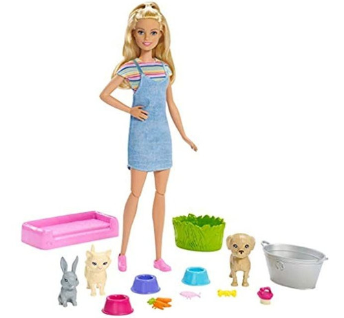 Barbie Play 'n' Wash Pets Juego Con Muñeca Rubia, 3 Animale