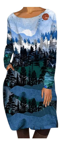 M Vestido Mujer Bolsillo Estampado Paisaje Montaña Casual