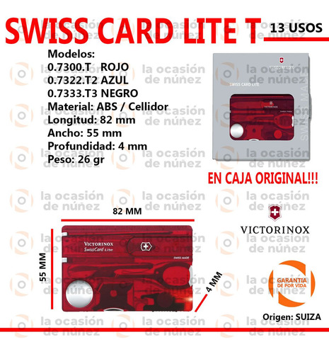 Tarjeta Victorinox Swisscard 13u Tijera Pinza Led Lupa Regla