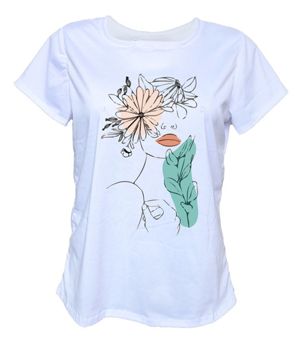 Blusa Playera Casual Mujer Silueta Flores Naranja Azul Arte