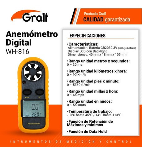 Anemómetro Digital Velocidad Viento Temperatura Wh816 Gralf