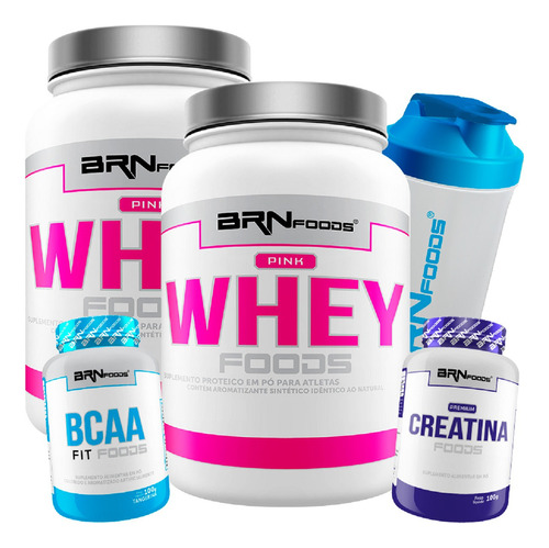 Kit Feminino 2x Pink Whey + Bcaa + Creatina + Shaker - Brn Sabor Morango