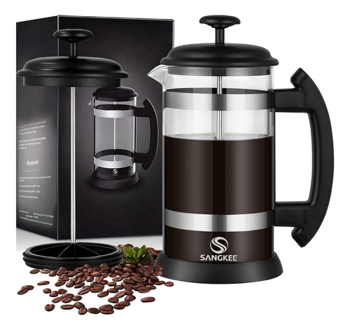 Sangkee Cafetera De Prensa Francesa, 1l Prensa Francesa De Vidrio/cafetera Francesa Para Café O Tisana Vidrio De Borosilicato Resistente Al Calor, 1000ml, (Caf3)