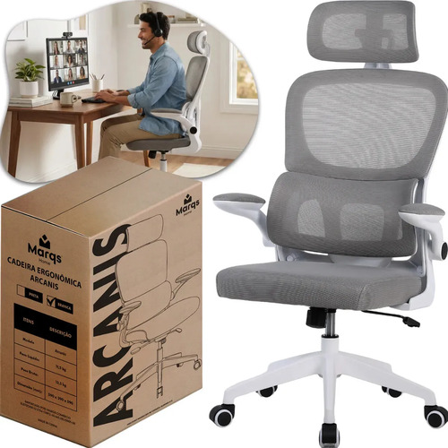 Cadeira Escritório Presidente Ergonômica Nr17 Marqs Home Arcanis Cinza Com Apoio Lombar E Encosto Mesh Premium Malha