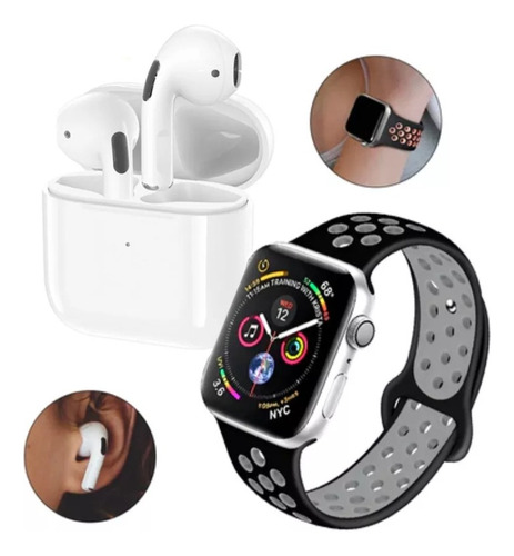 Combo Reloj Smartwatch T55 Promax + Audifonos In-ear + Puls Caja Blanco Malla Negro