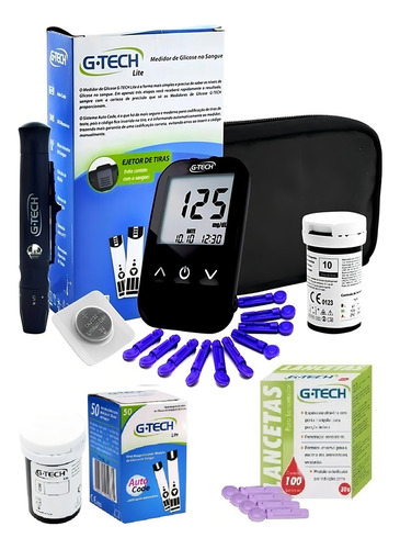 Kit Medidor Glicemia Glicose Gtech Lite 50 Tiras 100 Lanceta