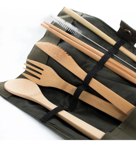 . Set Cubiertos De Bambu Con Estuche 7pz Ecologico Reutiliza