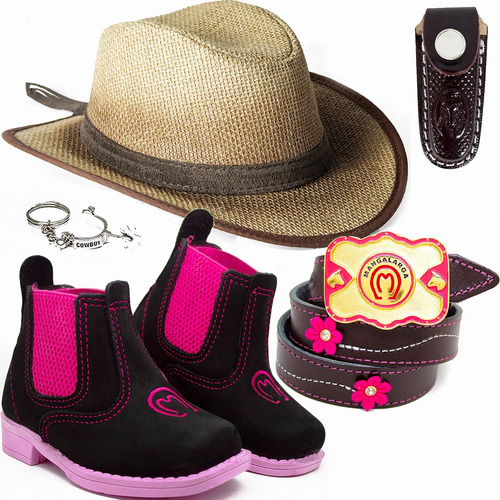 Kit Infantil Botina + Cinto Rosa Flor Chapeu Juta E Bainha