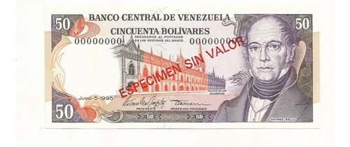 Billete Espécimen Sin Valor Rojo 50 Bolívares Junio  5 1995