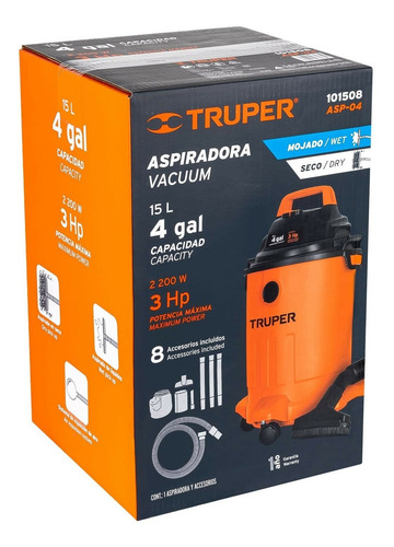 Imagen 3 de 4 de Aspiradora De tacho Truper ASP-04 15L naranja 127V 60Hz