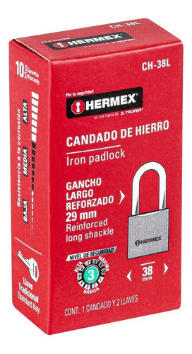 Candado De Hierro Macizo Con Aro 38mm 2 Llaves Truper Hermex Plateado