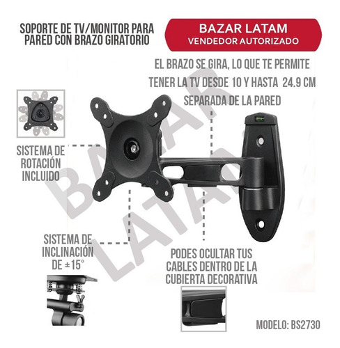 Soporte Tv Monitor Lcd Led Pared Brazo Giratorio 180º