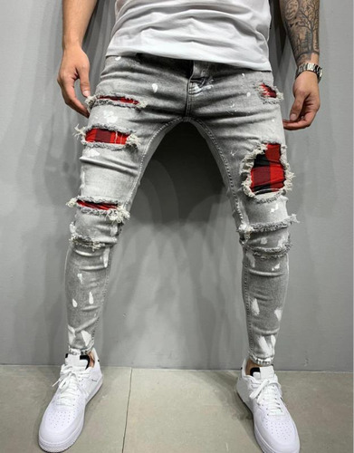 Jeans Ajustados Rasgados Para Hombres Moda Callejera Retro
