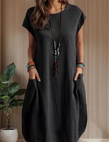 Vestido De Manga Corta Con Bolsillo Suelto De Lino Y Algodón