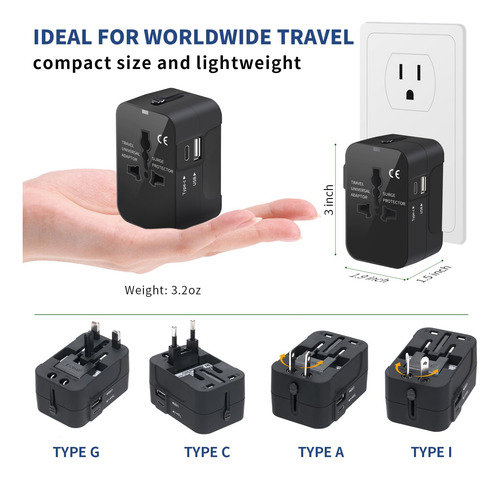 Adaptador De Enchufe Viajero Con Usb + Tipo C Conector Viaje