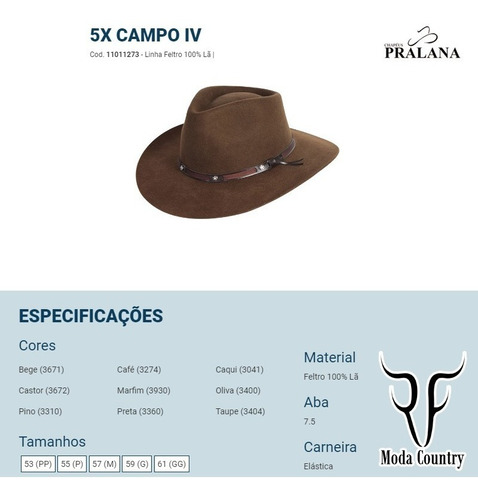 Chapéu Pralana 5x Campo Iv Australiano Lã Outback Be-01401