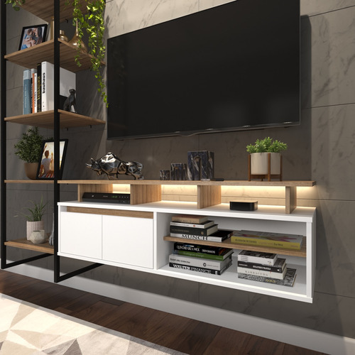 Rack Industrial Home Theater C/ Estante Ferro E Madeira Cor Lamina/Preto/Branco