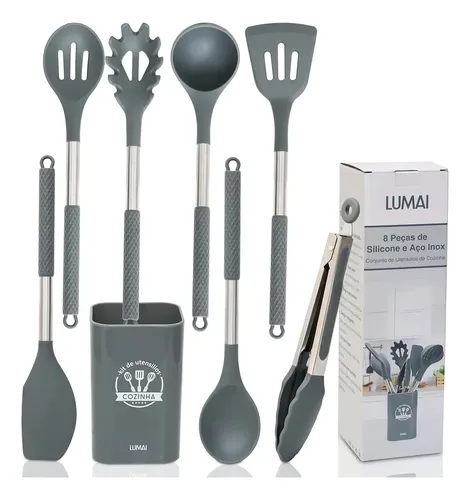 Kit 8 Utensilios De Cozinha De Silicone Cabo De Inox Grande Cinza