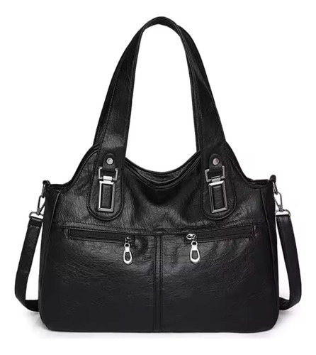 Cartera Bolso De Mujer Grande Estilo Básico De Eco Cuero Negro Liso Cromado Negro