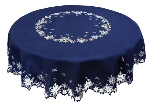Mantel Redondo Navideño Diseño Copos De Nieve Azul Marino