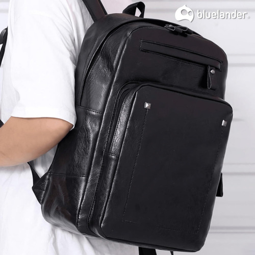 ** Mochila De Cuero Con 3 Bolsillos Casual Bluelander 30l Con Sistema Antirrobo Color Negro Liso
