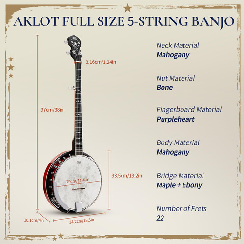 Banjo Aklot, Tamaño Completo, 5 Cuerdas Con Cabeza Remo, 38