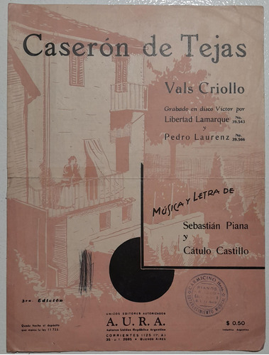 Partitura - Caserón De Tejas S. Piana Y C. Castillo Año 1943
