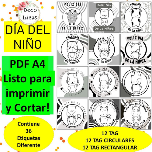 Imagen 1 de 4 de Kit Imprimible Tag Feliz Dia De La Niñez Pdf 1 Blanco/negro