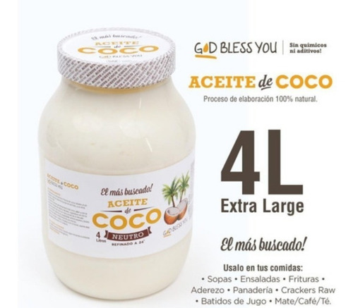 God Bless You aceite de coco puro neutro calidad premium 1 unidad 4 L