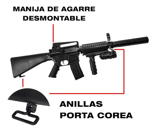 Imagen 4 de 10 de Rifle Airsoft M16 Spring Resorte 6 Mm Laser Linterna Balines