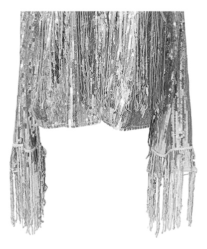 Chaqueta Con Borlas De Lentejuelas Para Mujer, Abrigo Plata