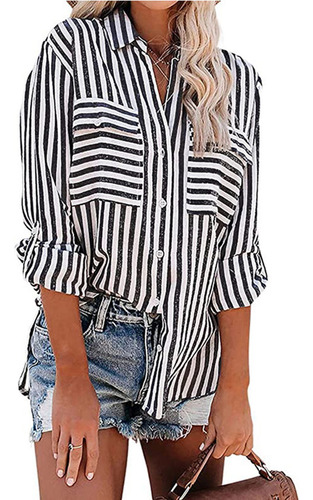 Blusa Para Mujer, Estampado A Rayas, Manga Larga, Talla S