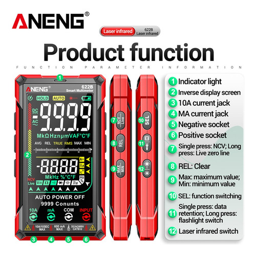 Multimetro Aneng 622b Auto Rango Capacimetro Inteligente