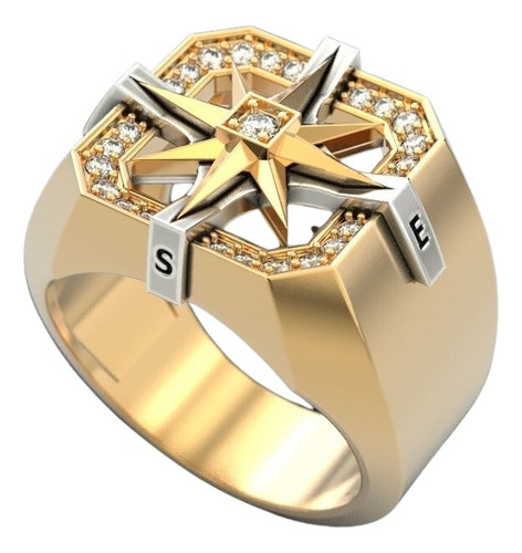 Anillo De Hombre Wind Rose Compass Plata 925 Chapado En Oro