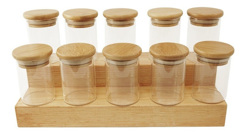 Set Kit Frascos Especieros De Vidrio Tapa De Bamboo Con Base