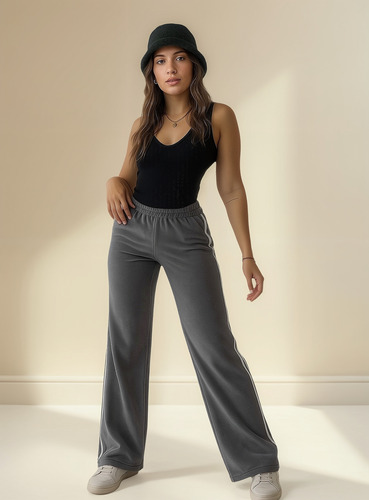 Pantalon Palazzo De Plush Abrigado Con Líneas