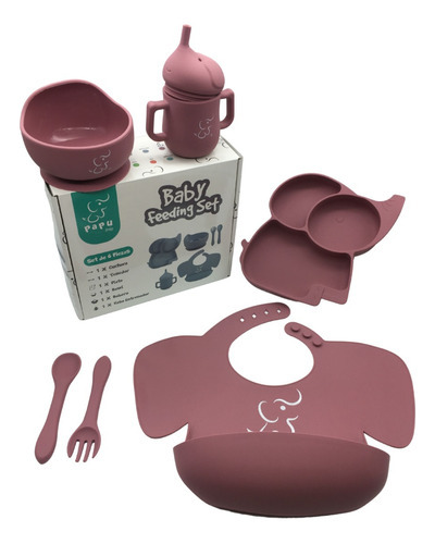 Set Elefante - Babero, Bowl, Plato, Cubiertos Y Vaso (6 Pz) Color Magenta Elefante 6 piezas