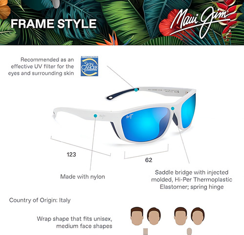 Gafas De Sol Envueltas Maui Jim Nuu Landing - Polarizadas, Color: Blanco Con Goma Azul/navy/blue Hawaii