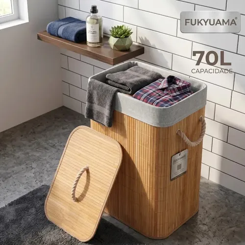 Cesto De Roupa Retangular De Bambu Com Tampa E Forro Fukuyama Bege