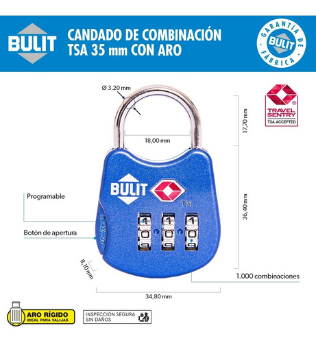 Imagen 2 de 6 de Candado De Combinación Tsa Con Aro Bulit