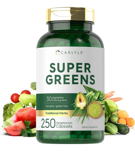 Carlyle Super Greens Super Foods 250 Capsulas Hecho En Usa Sabor Sin Sabor