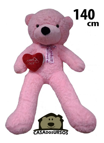 Urso Rosa Carinhoso De Pelúcia Gigante 1,40m 140cm + Coração