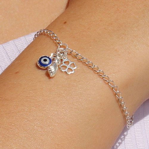 Pulseira Pingente Olho Grego Figa Trevo Sorte Prata Lei 925