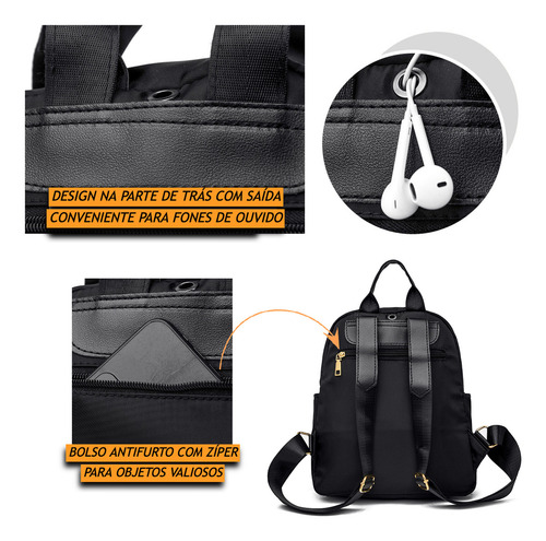 Mini Bolsa TokShop Mochila Feminina Pequena De Costas Com Chaveiro Cor Preto Desenho Do Tecido Liso Com Detalhes Exclusivos