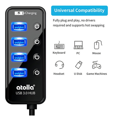 Atolla Hub 4 Puertos Usb 3.0 + 1 Puerto De Carga Rapida