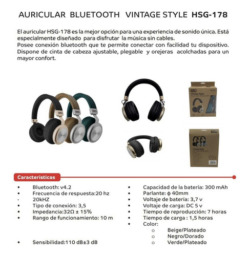 Imagen 2 de 7 de Auricular Vincha Bluetooth Gtc Hsg-178 Vintage Style Hsg 178