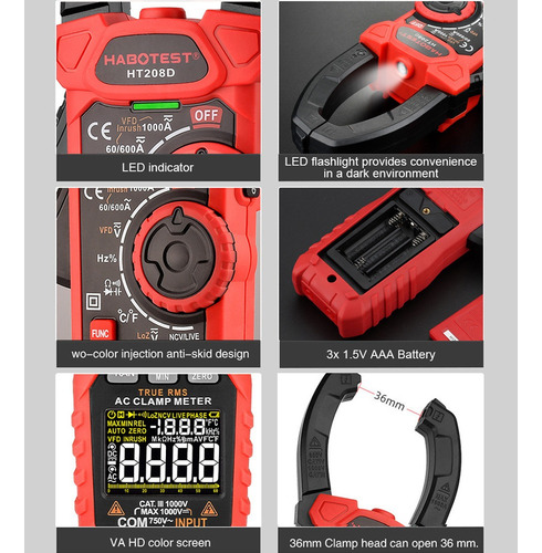 Multímetro De Pinça Digital Ht208d 1000v 1000a Ac Dc Ohm