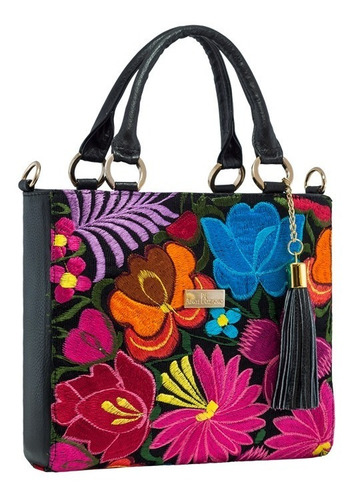 Imagen 2 de 4 de Bolso Artesanal Pilar De Piel Negro Bordado Telar Env Gratis